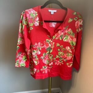 Isaac Mizrahi Live! Floral Cardigan Sweater Pink Red Medium NWOT